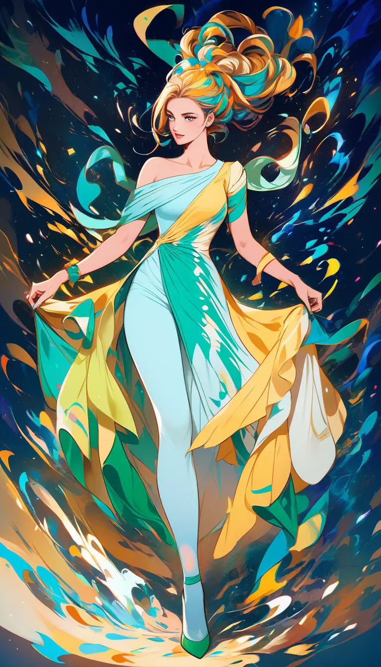 Femme athlétique en robe colorée sur fond bleu vert turquoise