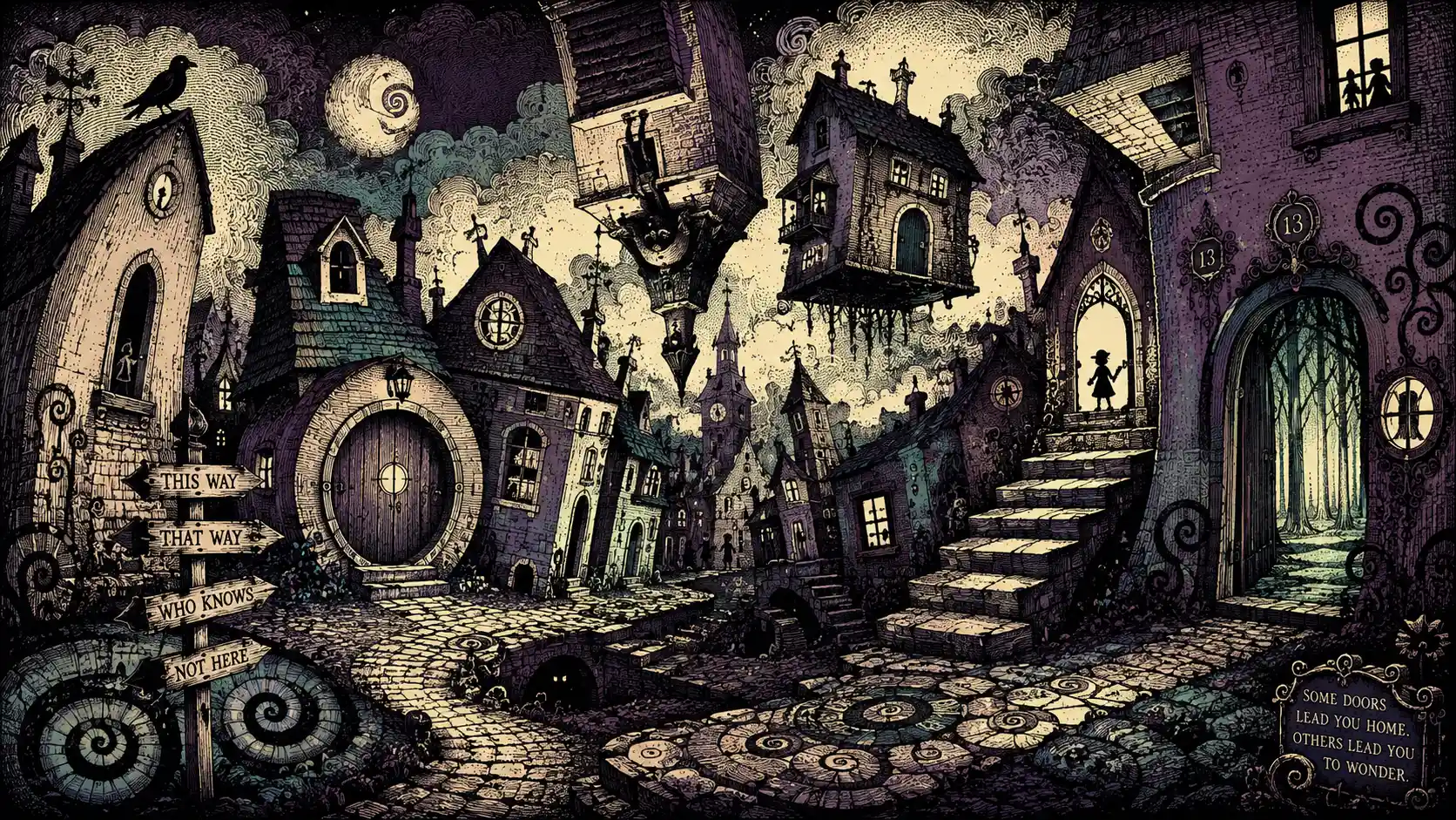 Pintoresco pueblo de fantasía con puertas y senderos imposibles