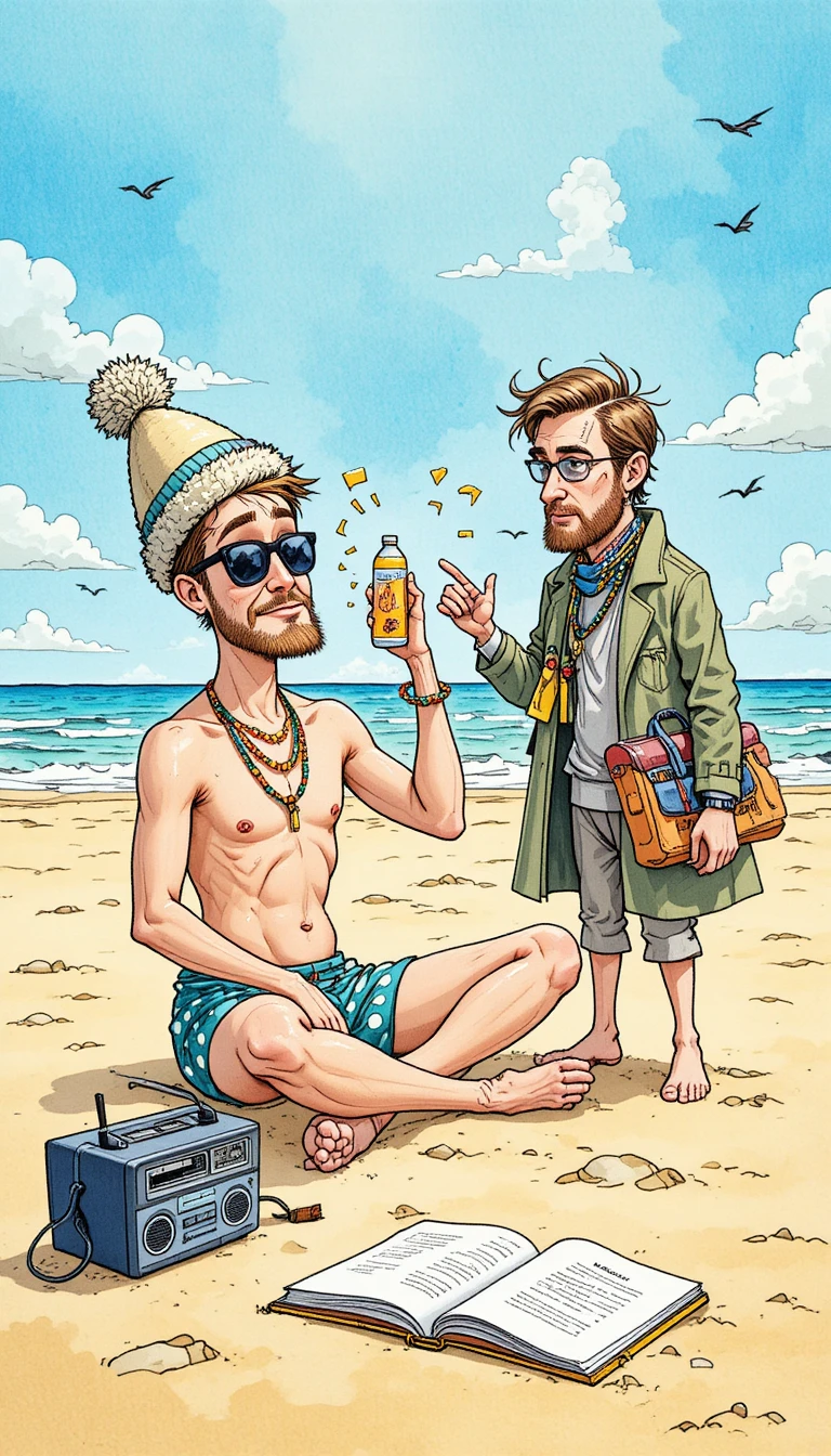 Hombres de caricatura en una playa soleada con atuendos contrastantes y divertidos
