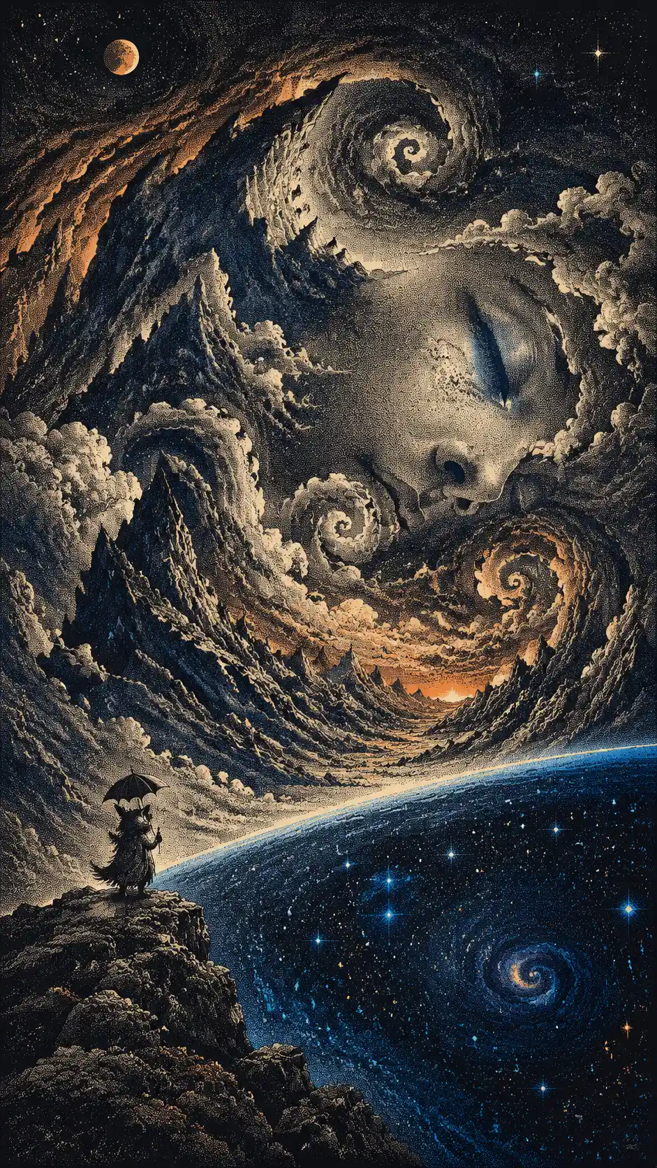 Minúscula criatura sobre roca en vasta y surrealista cadena montañosa