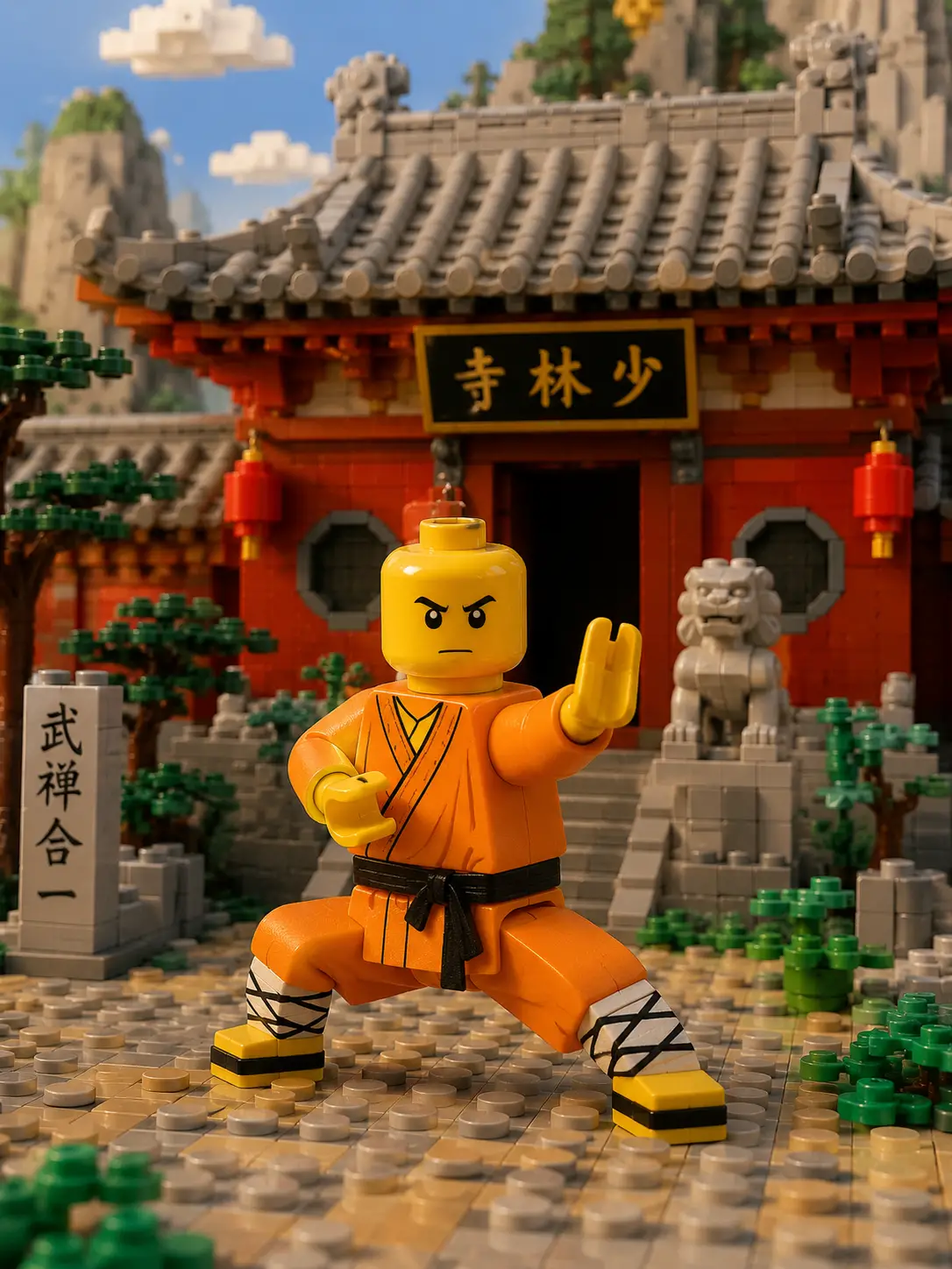 Artista marcial de Shaolin posando frente a un templo de Lego