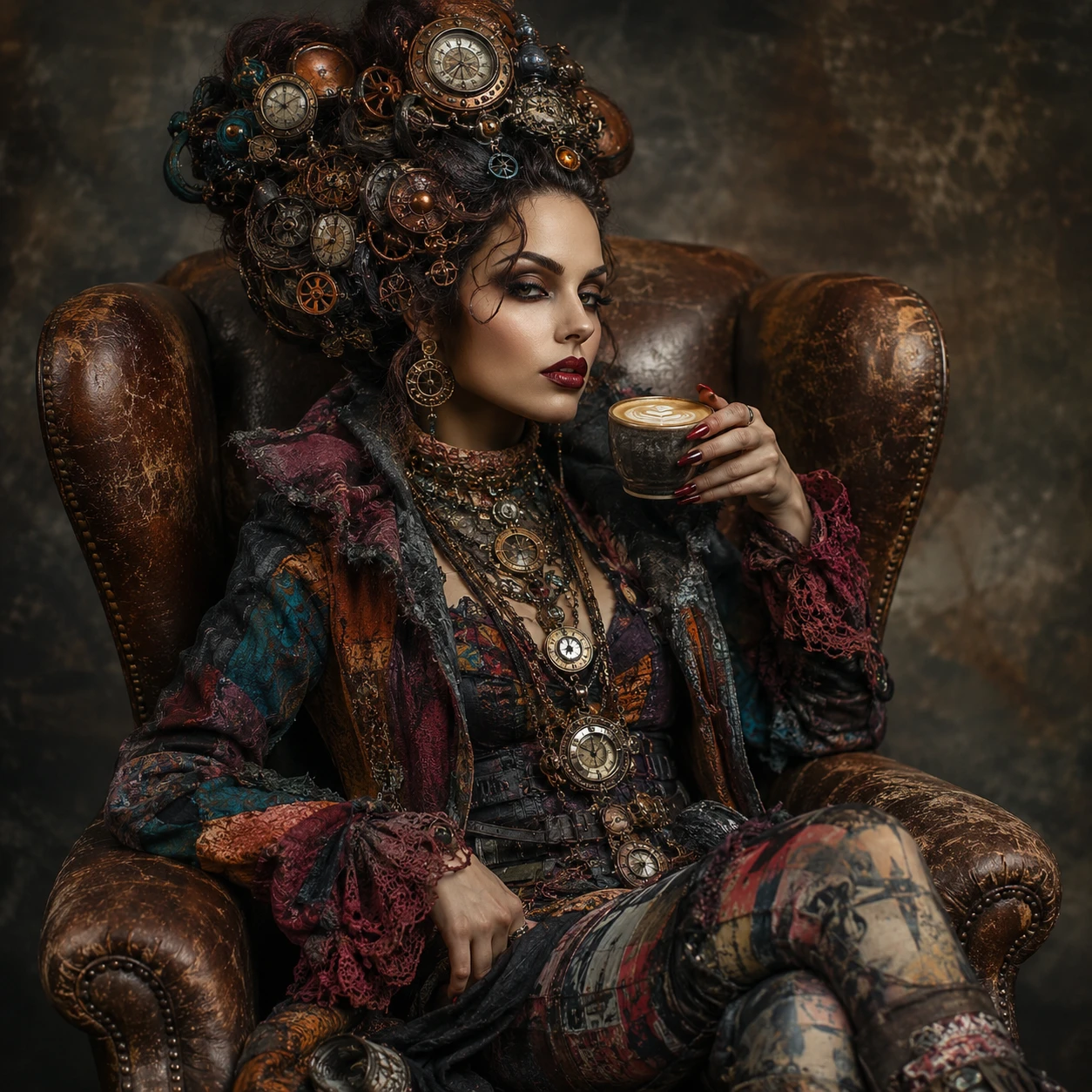 Mulher gótica steampunk com latte em poltrona de couro