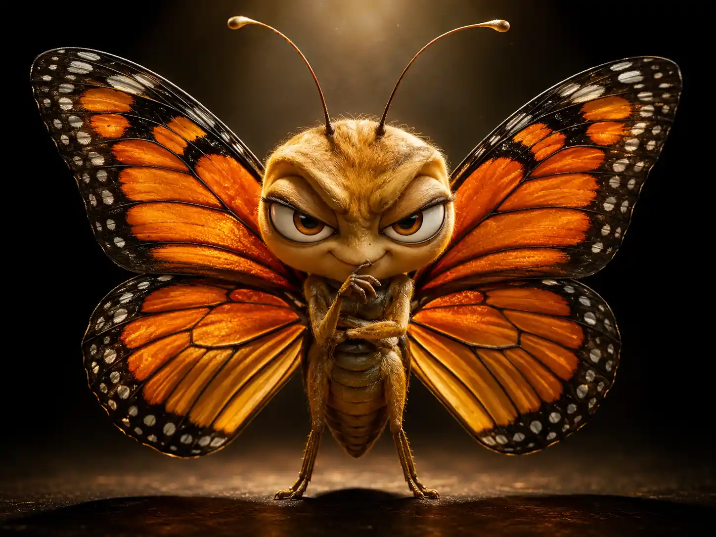Divertido personaje de mariposa 3D con mirada traviesa y conspiradora