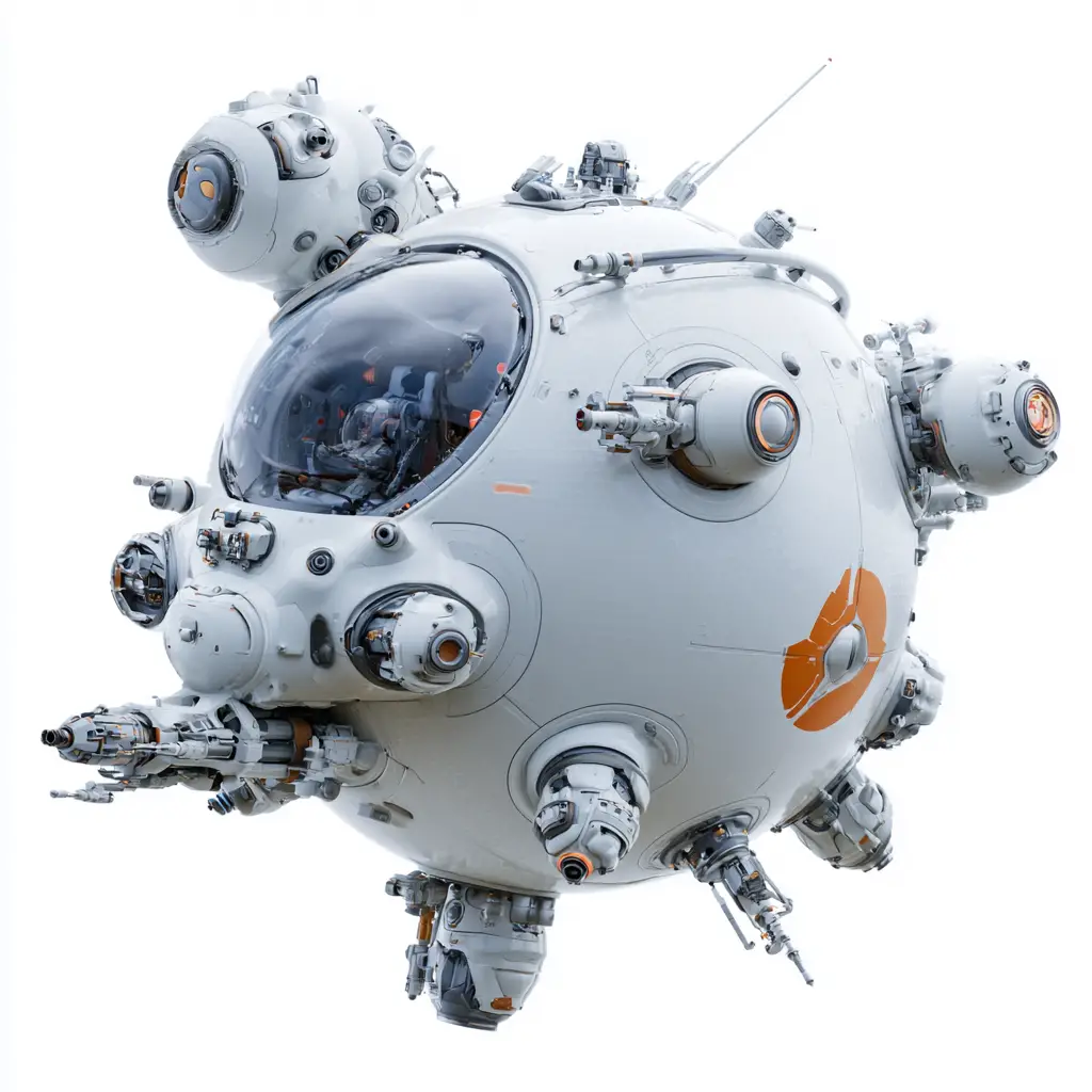 Caça espacial esférico futurista com cabine de piloto visível