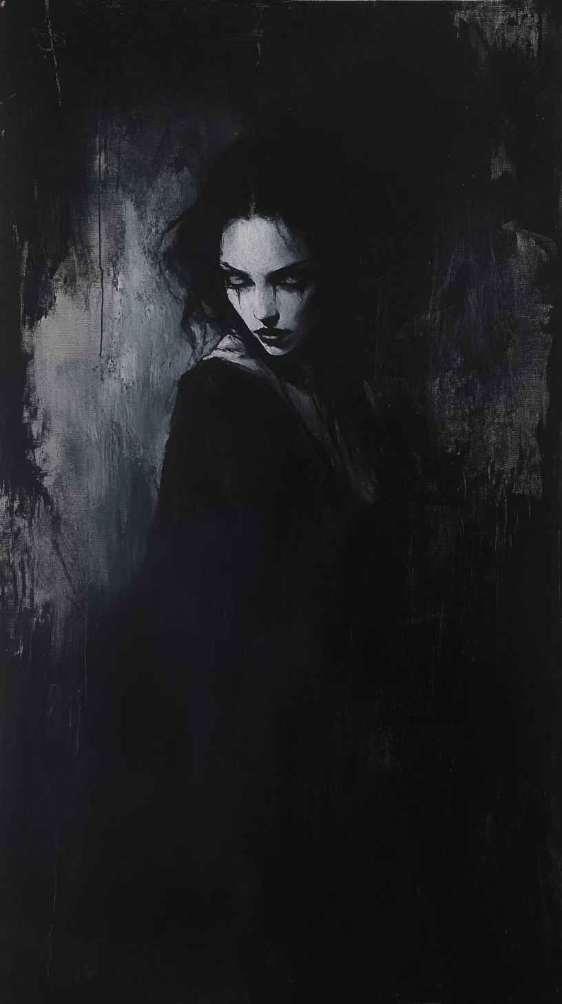 Retrato en impasto oscuro de una figura femenina de rasgos duros