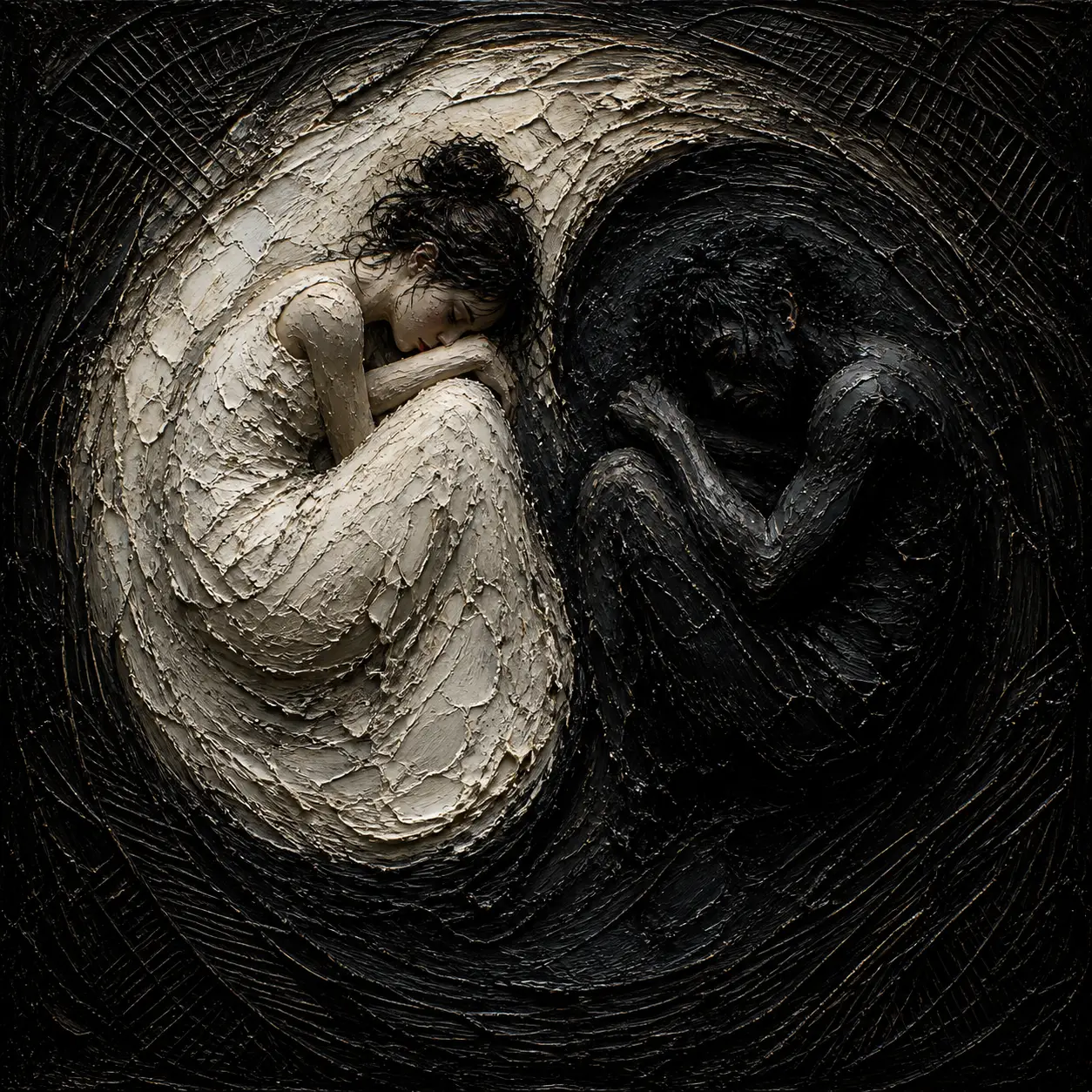Formas de yin y yang en impasto oscuro entre sombras profundas