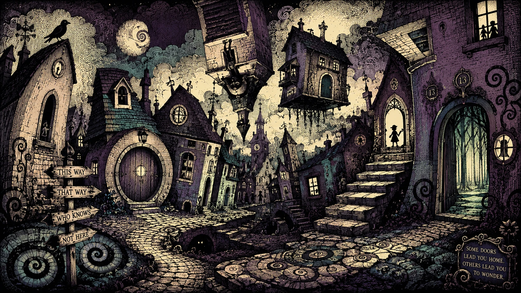 Pintoresco pueblo de fantasía con puertas y senderos imposibles