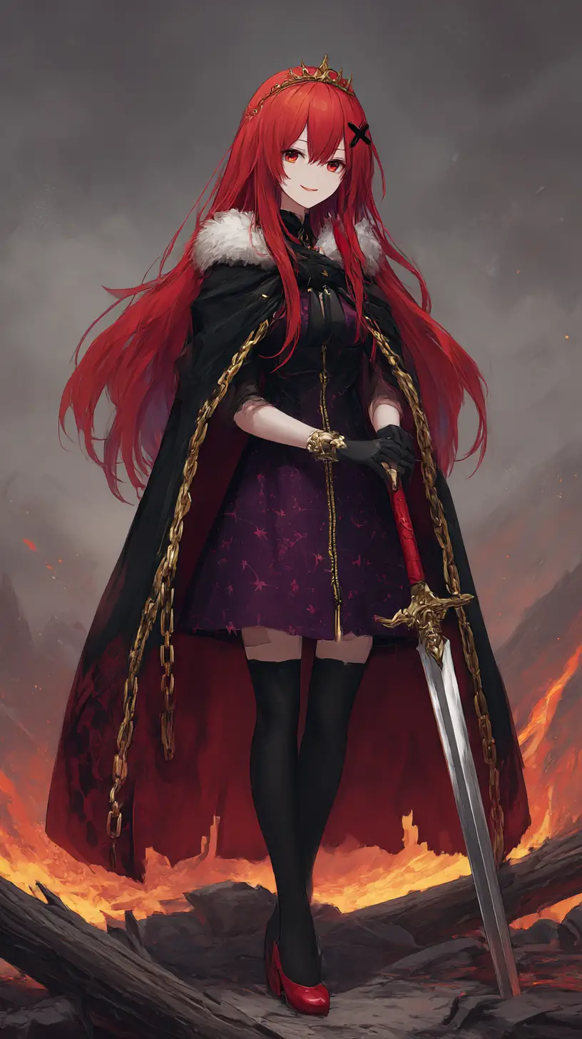 Chica de anime de cabello carmesí con capa real al atardecer