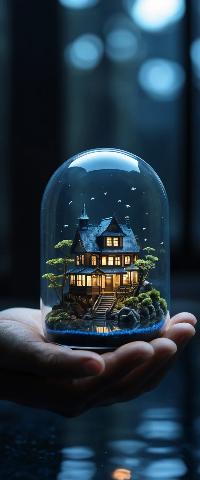 Tiny scene inside glass glove on endless dark blue water