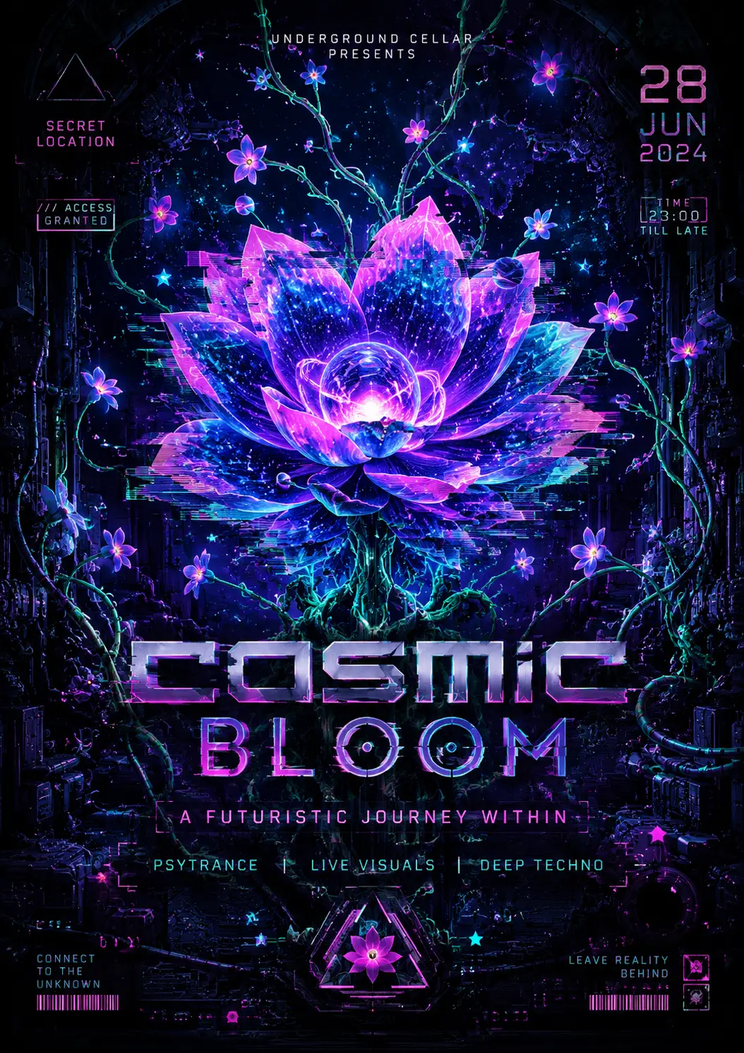 Flor cósmica de neón que brilla en un sótano sci‑fi oscuro