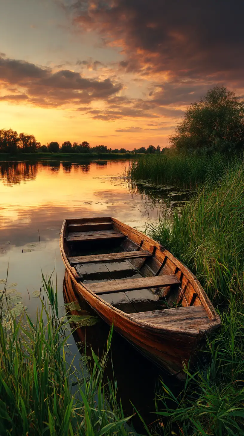 Barca de madera en un río tranquilo al atardecer