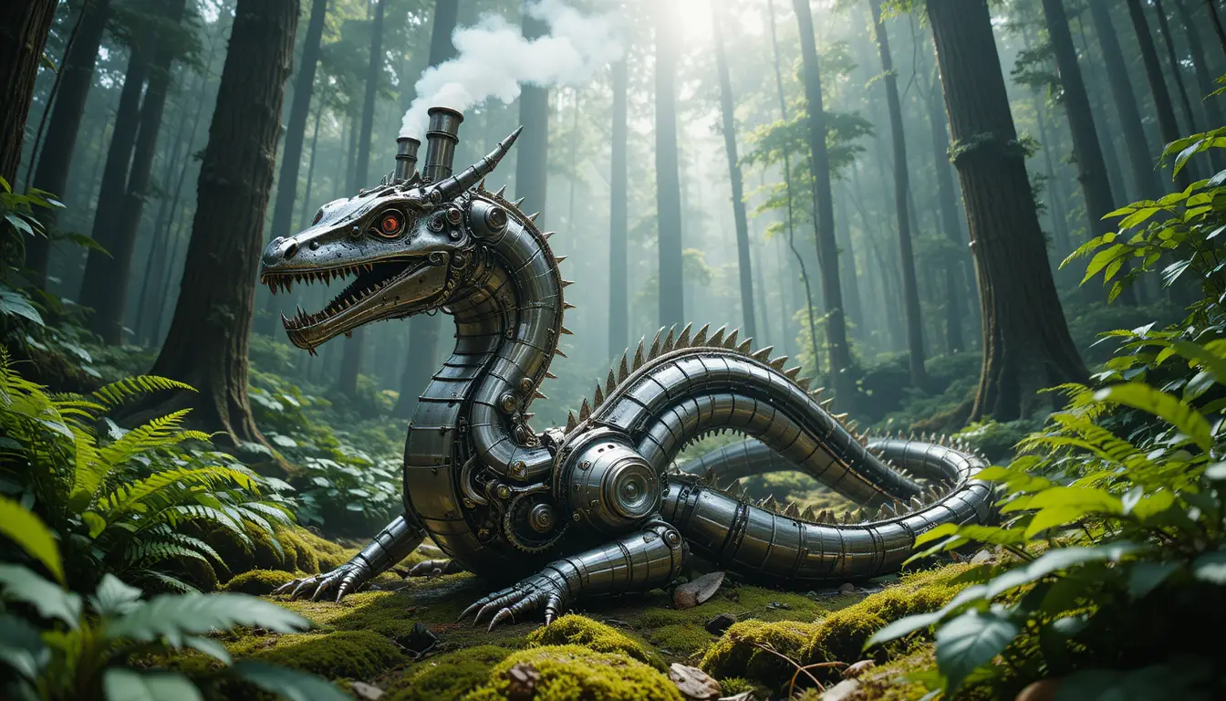 Dragón steampunk mecánico descansando en un bosque brumoso