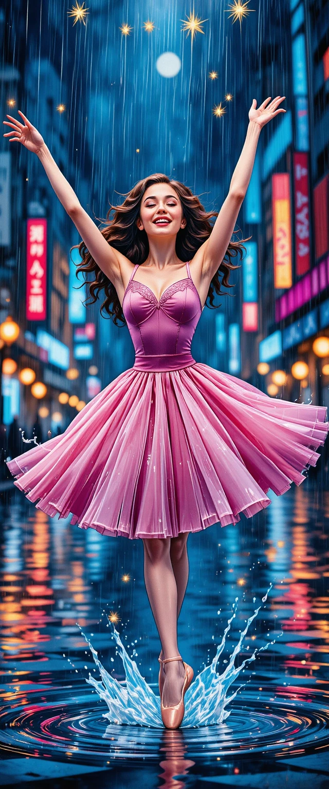 Ballet dancer in pink dress dancing joyfully in rain