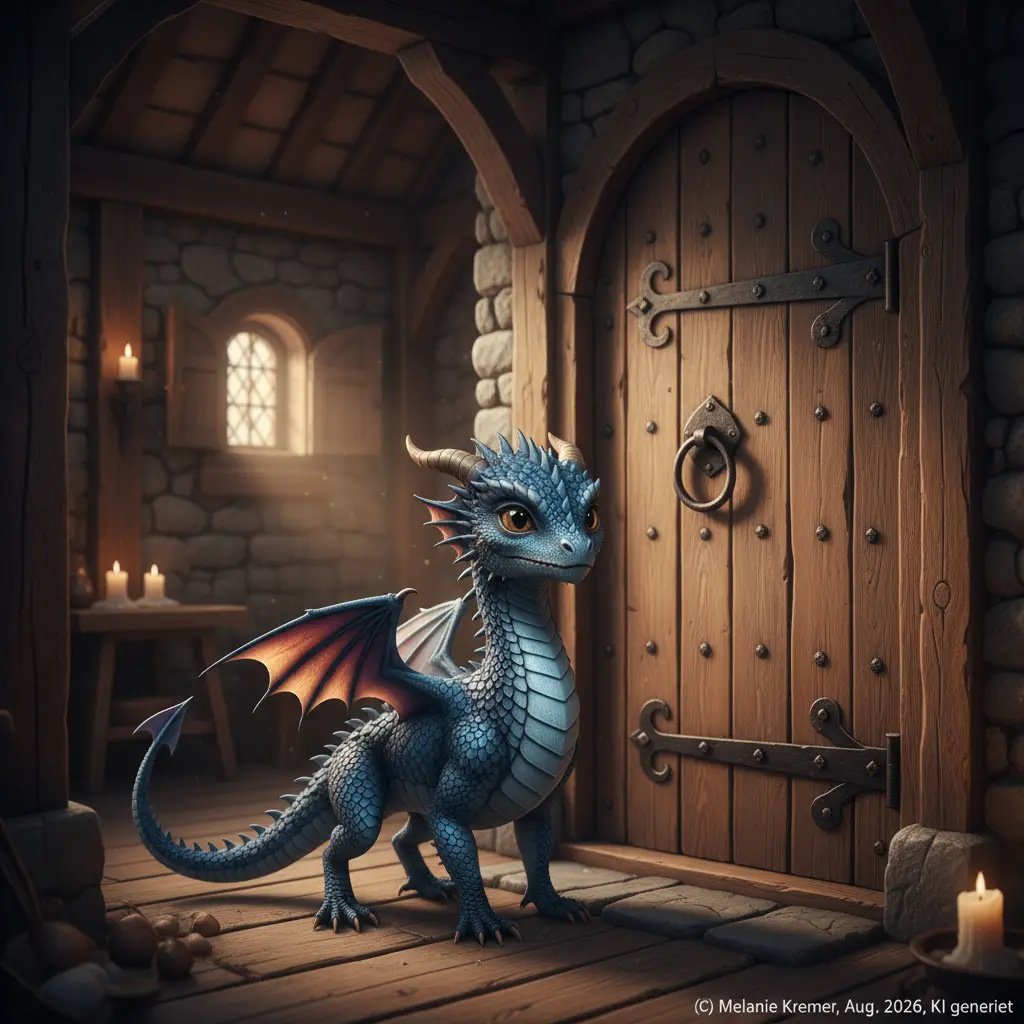 Pequeño dragón azul en una rústica cabaña medieval de madera