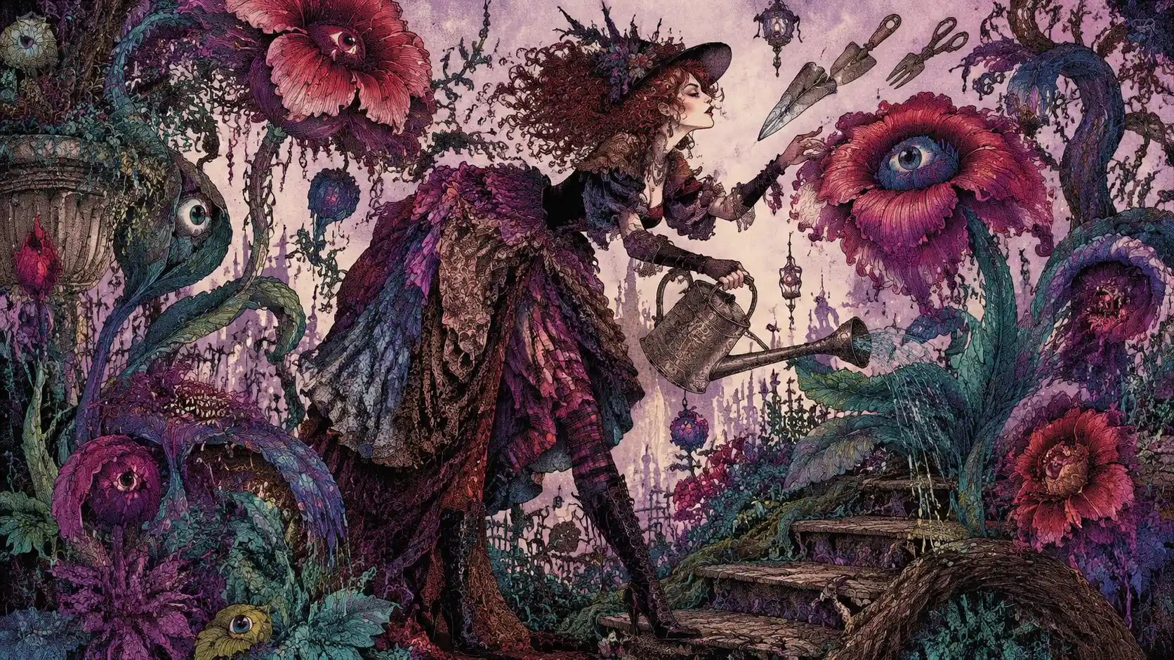 Bruja llamativa en un jardín mágico surrealista y vivo