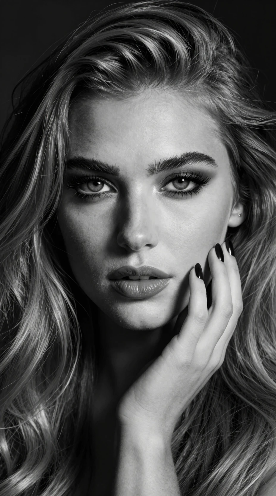 Dramatic black and white close up portrait of a woman