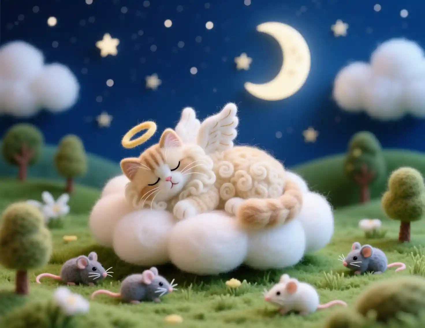 Gato ángel afieltrado durmiendo en una nube de noche