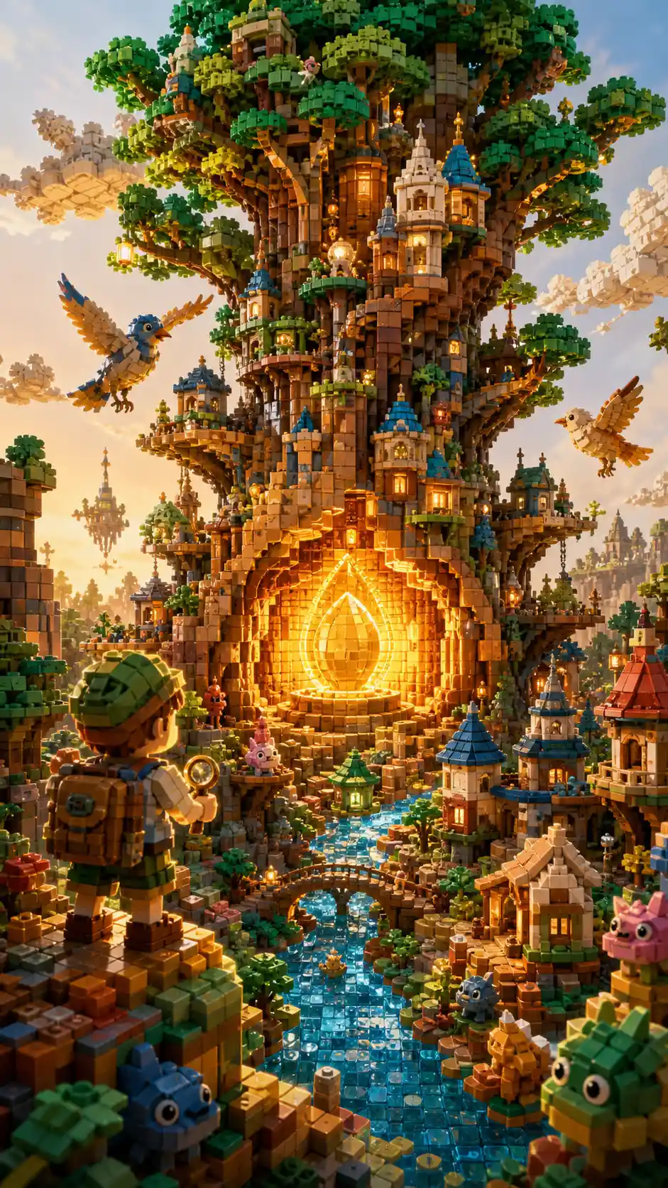 Mundo imaginativo de ladrillos creado con innumerables piezas de colores