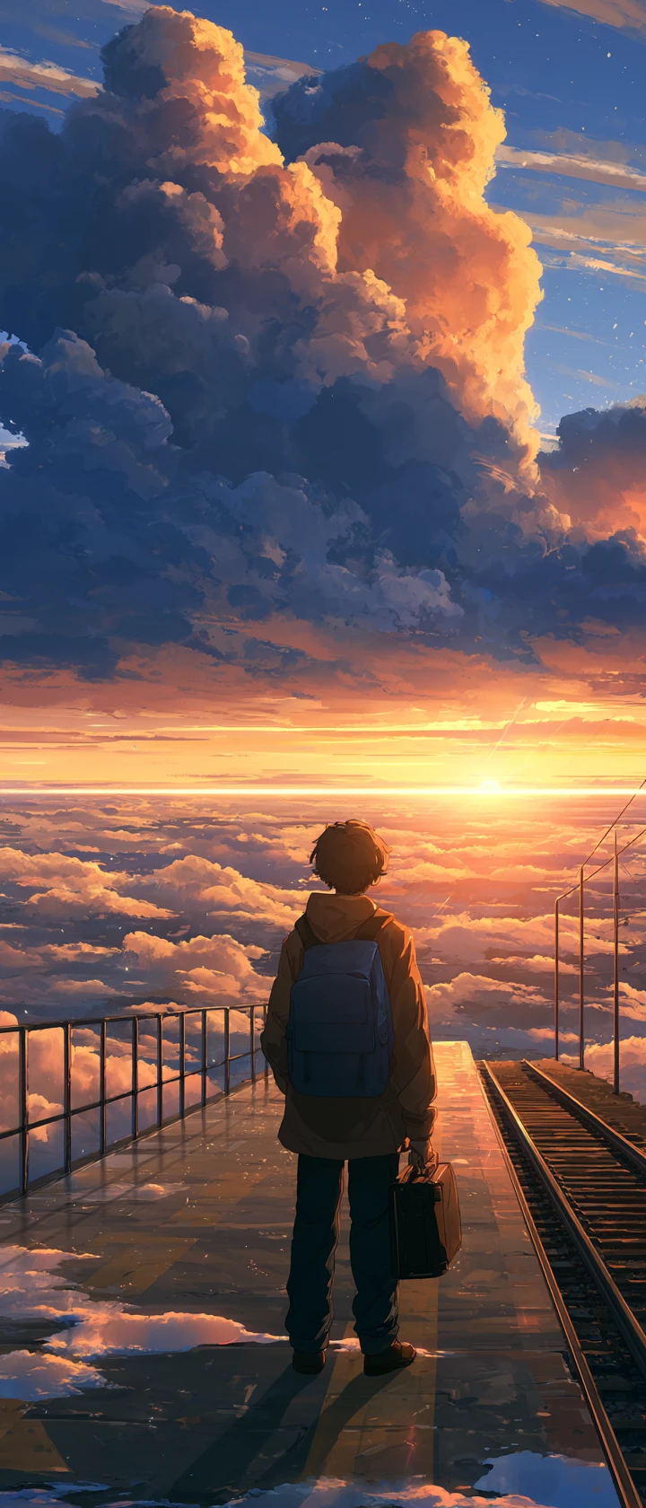 Chica de anime en plataforma de tren elevada al atardecer dorado