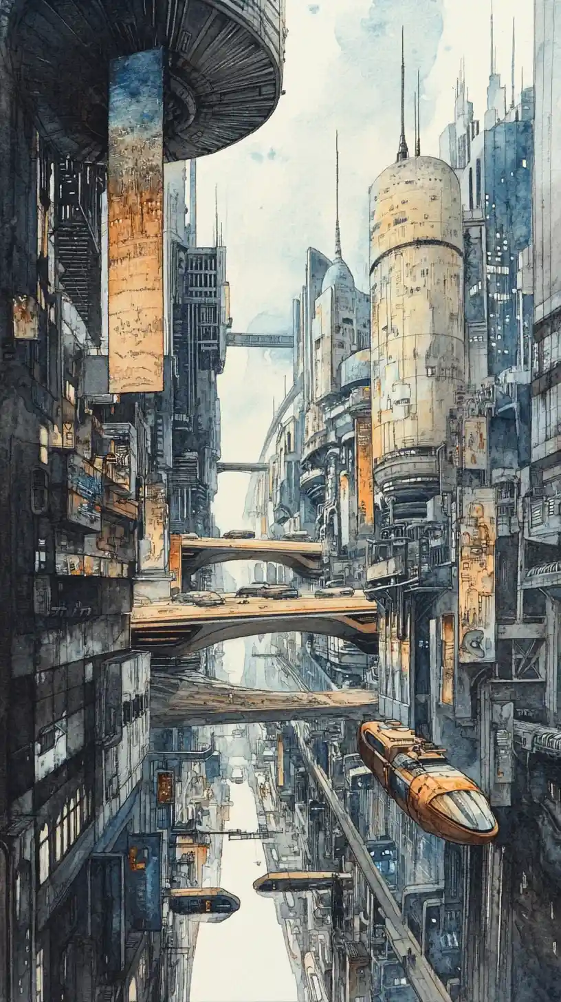 Ville Ferroviaire Futuriste en Illustration Aquarelle et Crayon