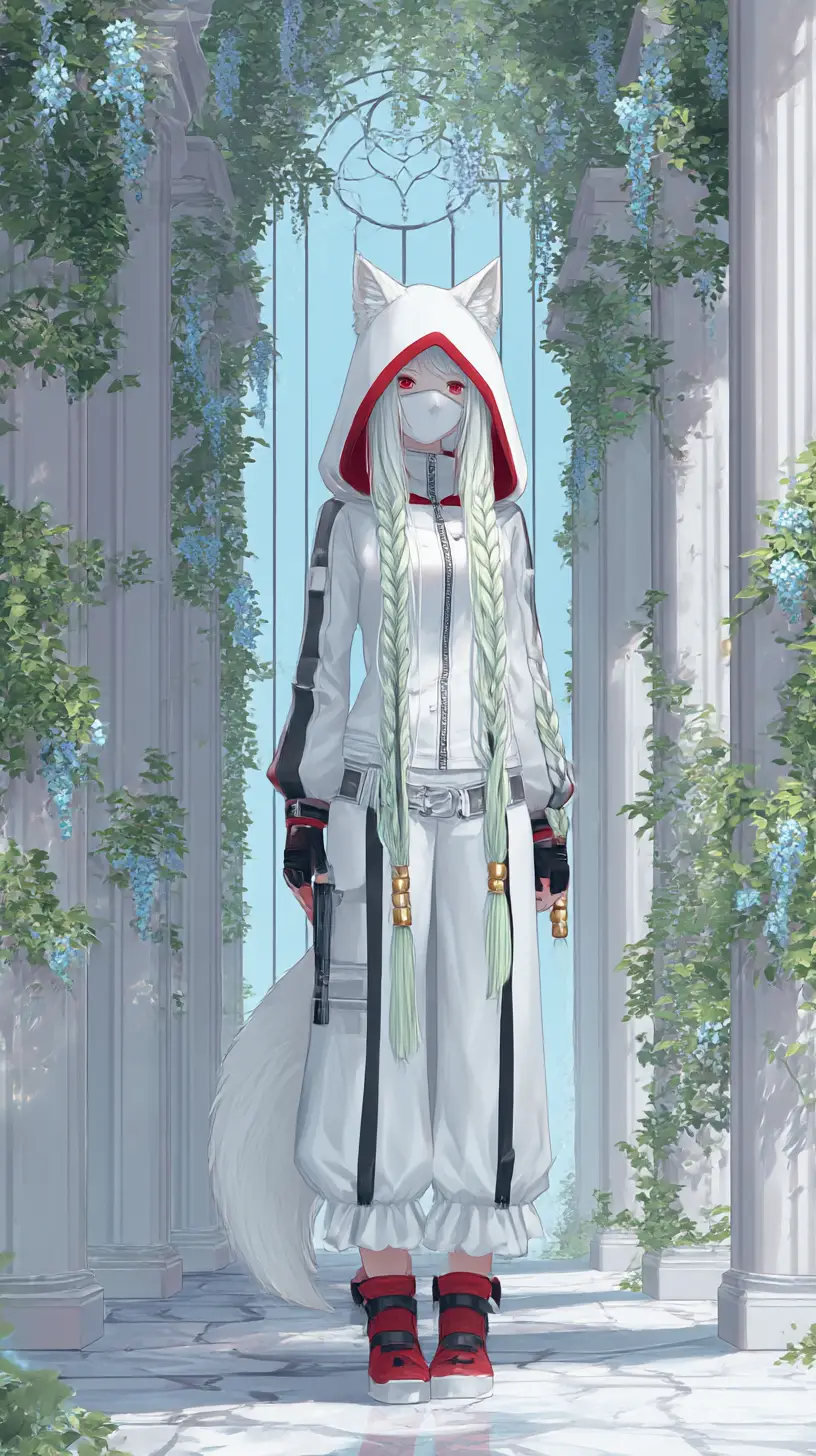 Ragazza anime mascherata con capelli bianchi e outfit tattico