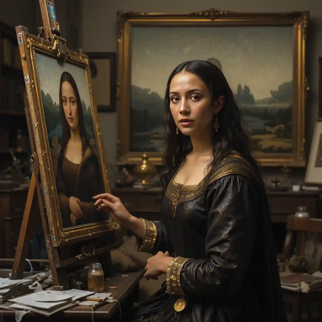 Woman painter working on a portrait in her studio
