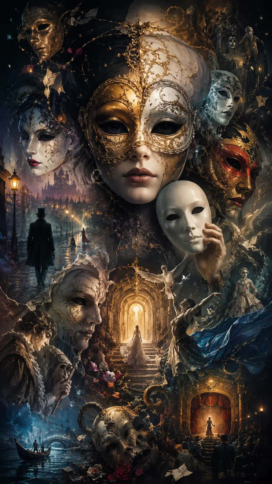 Épica ilustración digital de un mundo surrealista de máscaras