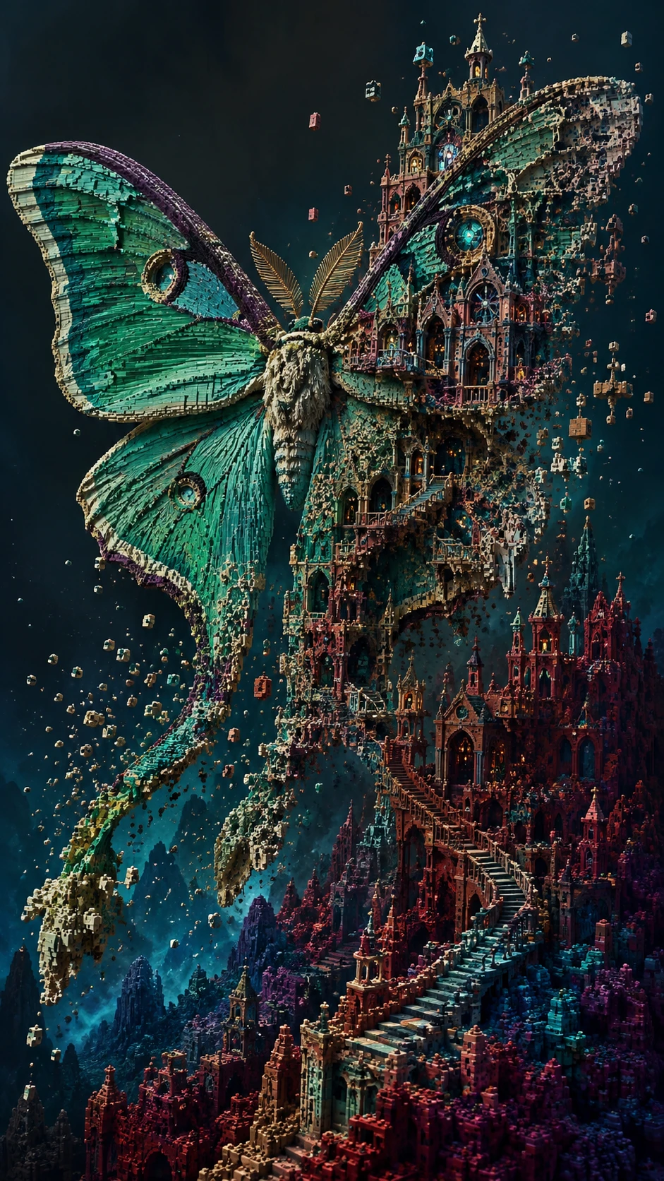 Polilla luna surreal que se transforma en arquitectura gótica de ladrillo