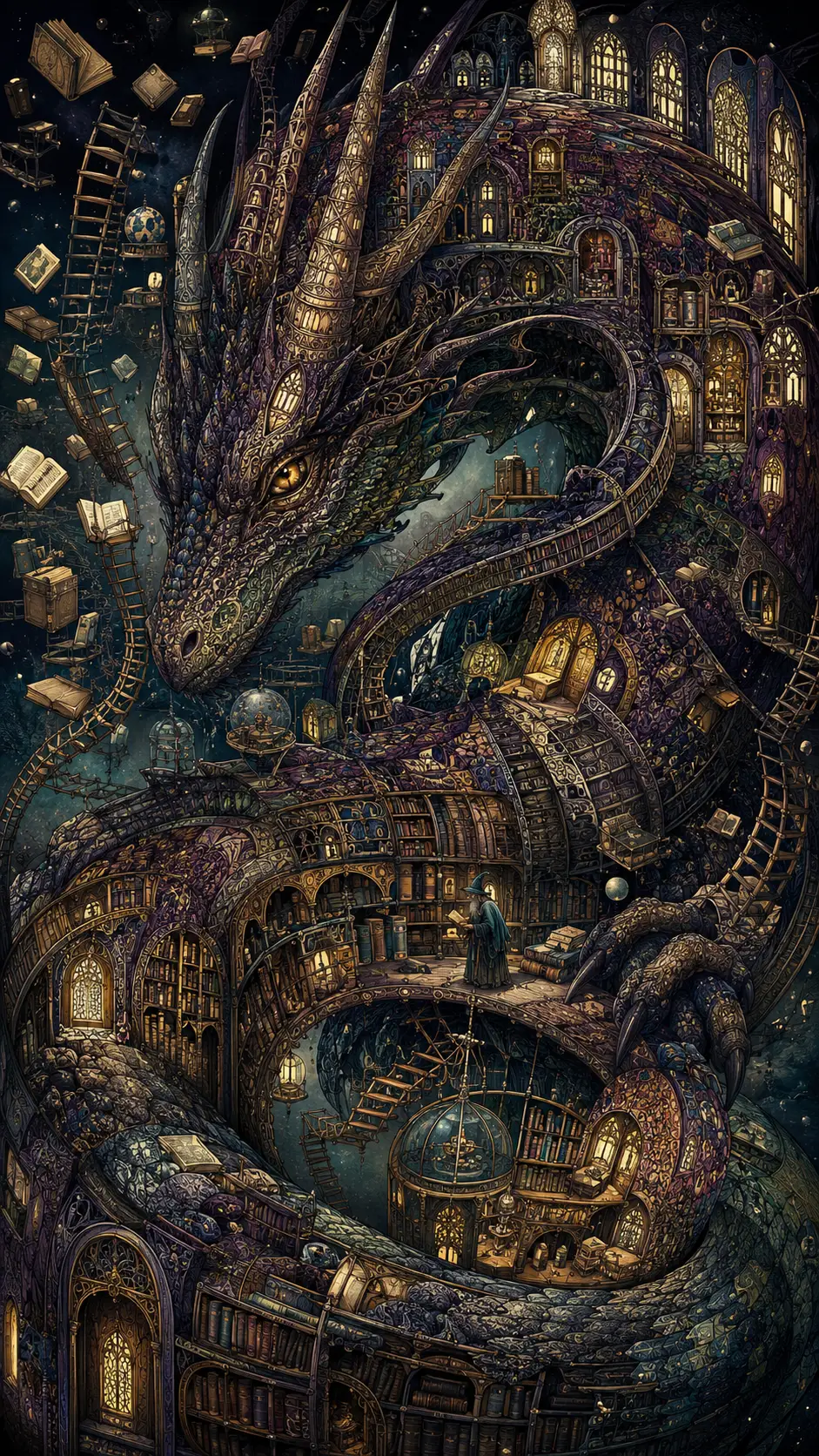 Antigua Biblioteca del Dragón con Libros Flotantes y Pequeño Bibliotecario