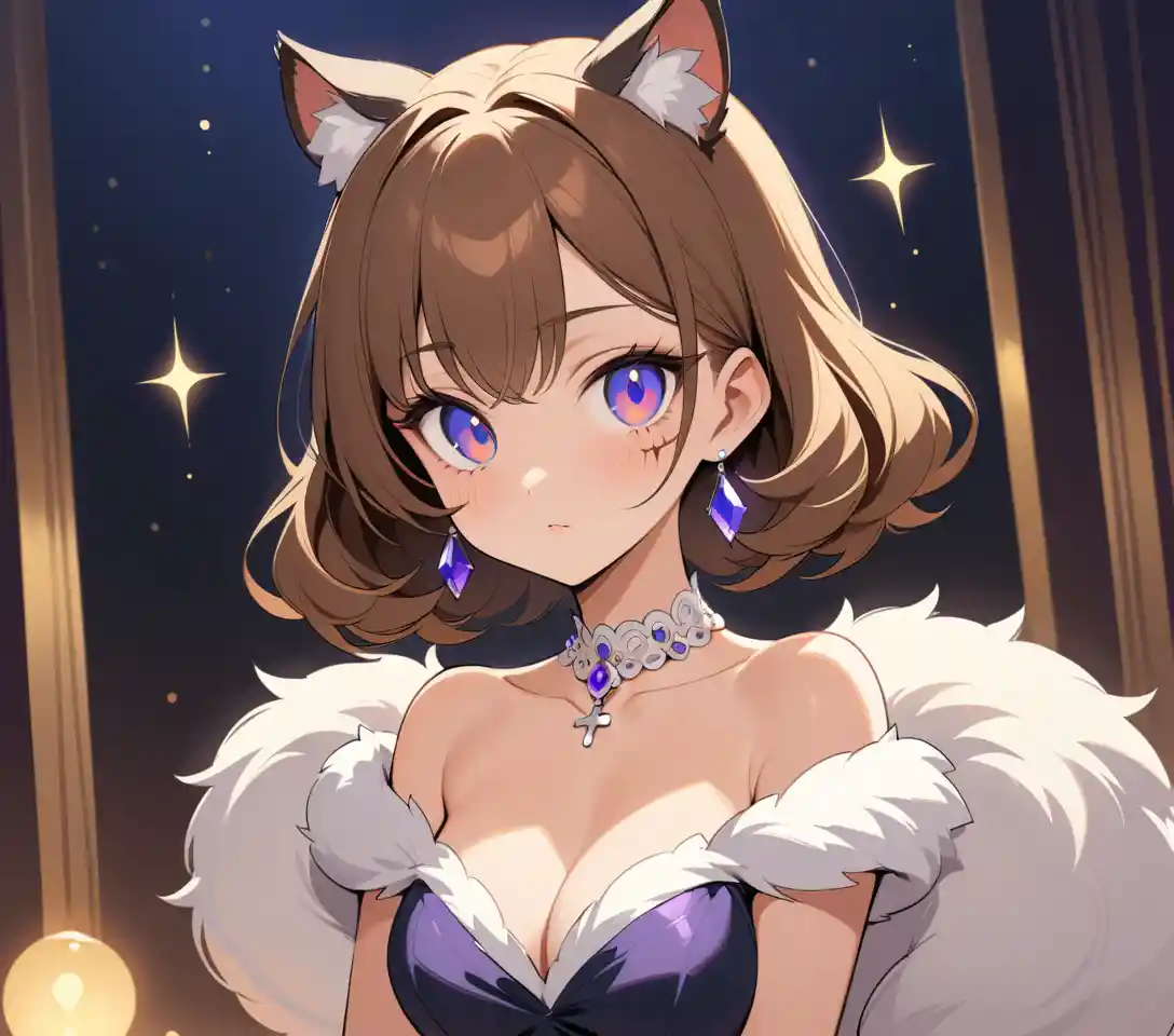 Elegante mujer felina con vestido vintage de cóctel de lunares