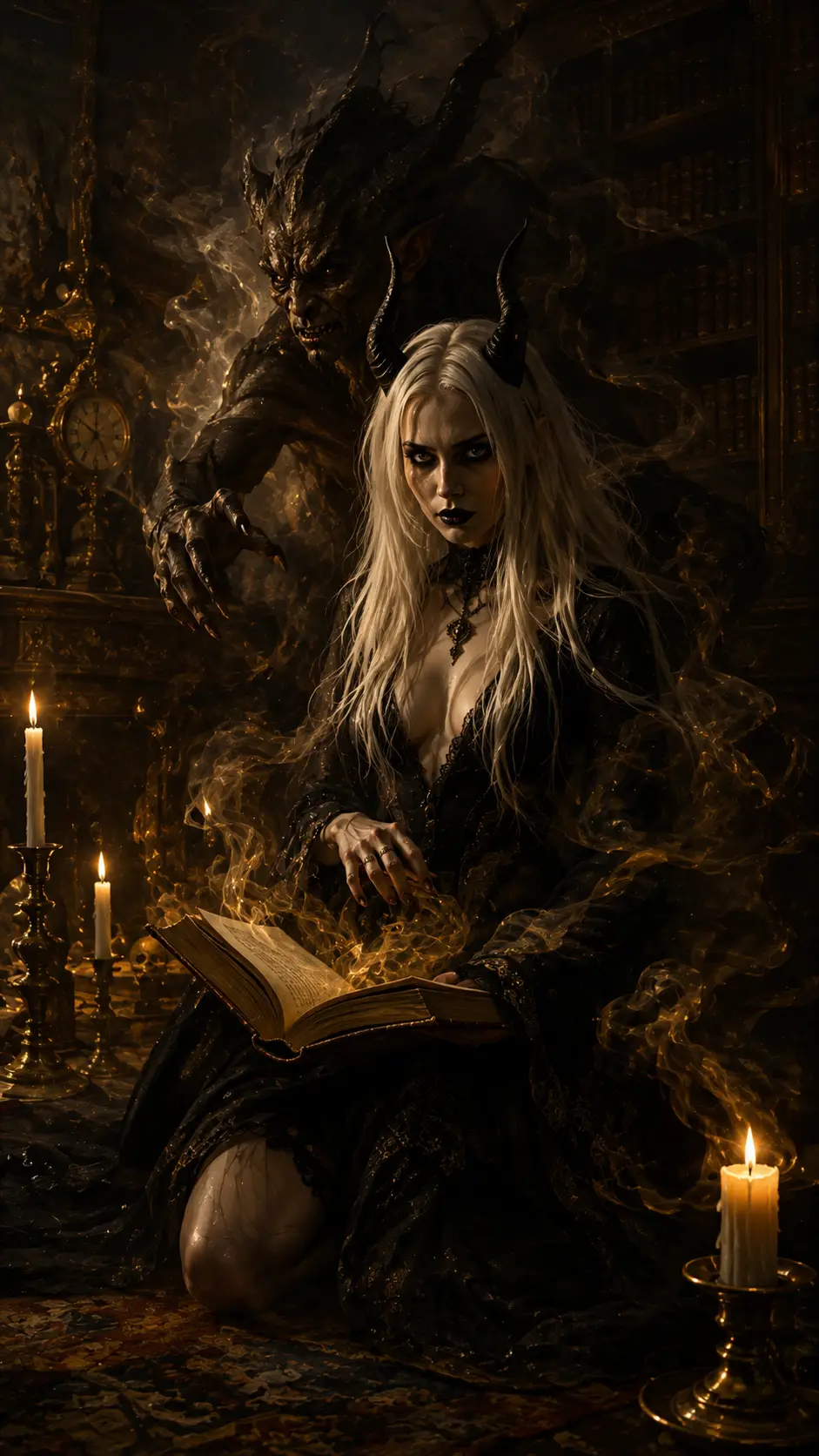 Biblioteca de fantasía barroca con humo a la luz de las velas y sombras