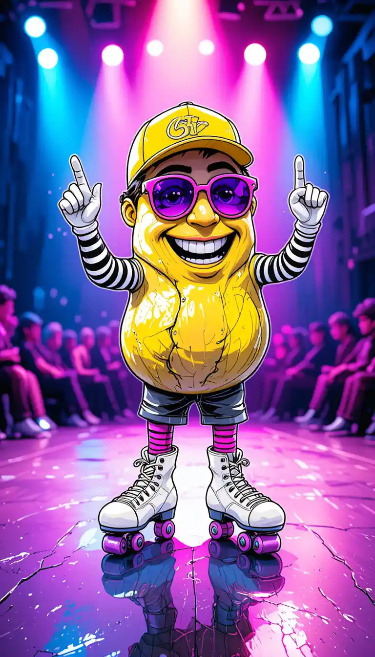 Personaje patata en patines sobre un colorido escenario de concierto