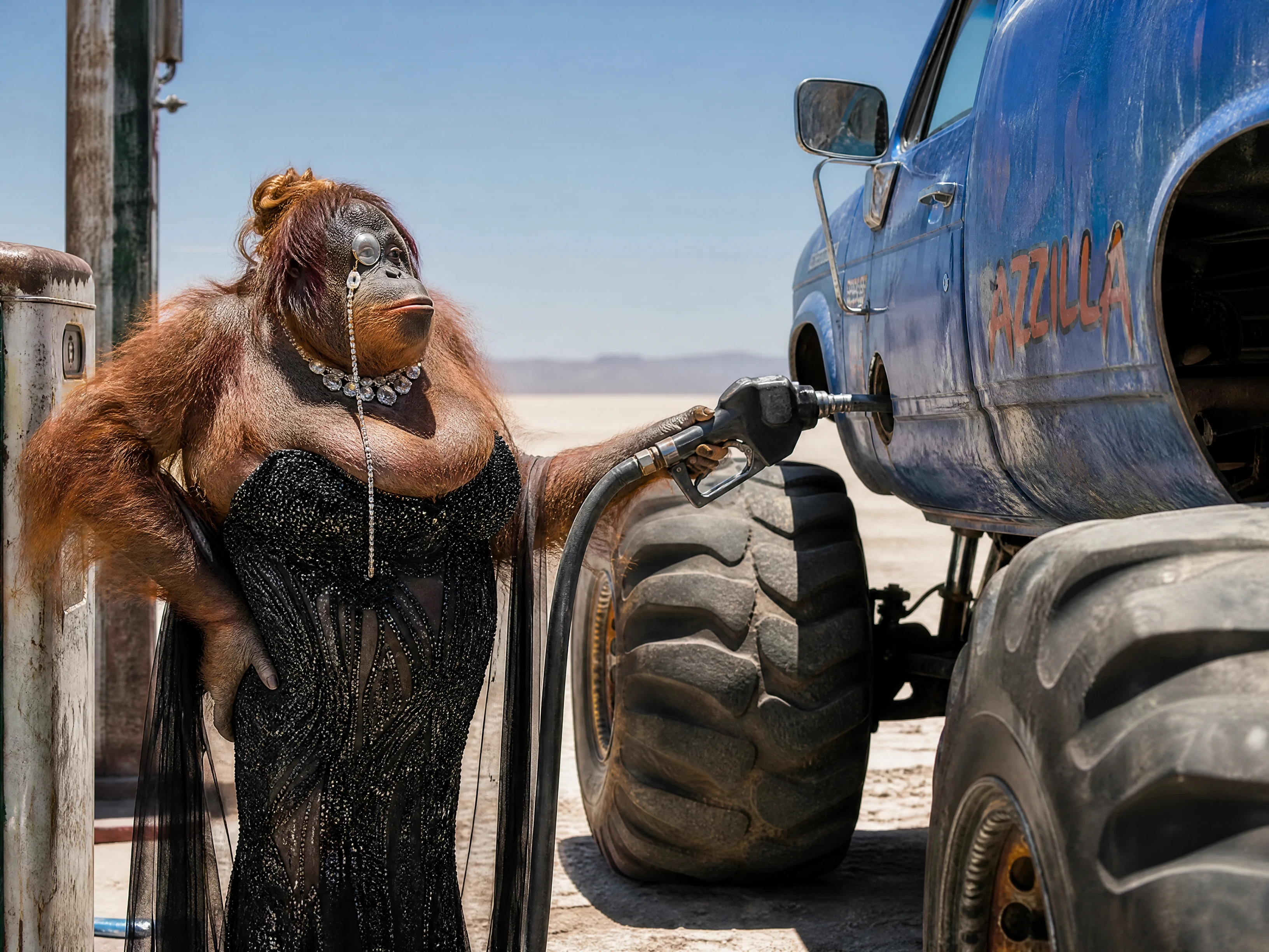 Orango femmina diva che fa rifornimento a un monster truck nel deserto