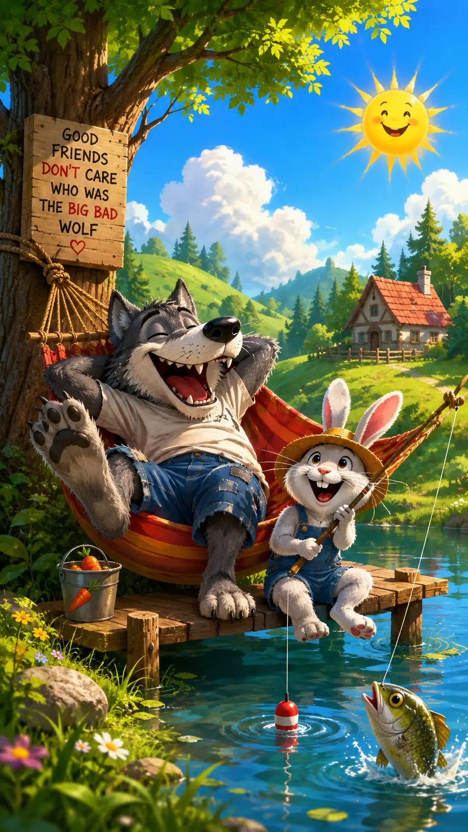 Conejo alegre y lobo amigos bajo un sol radiante