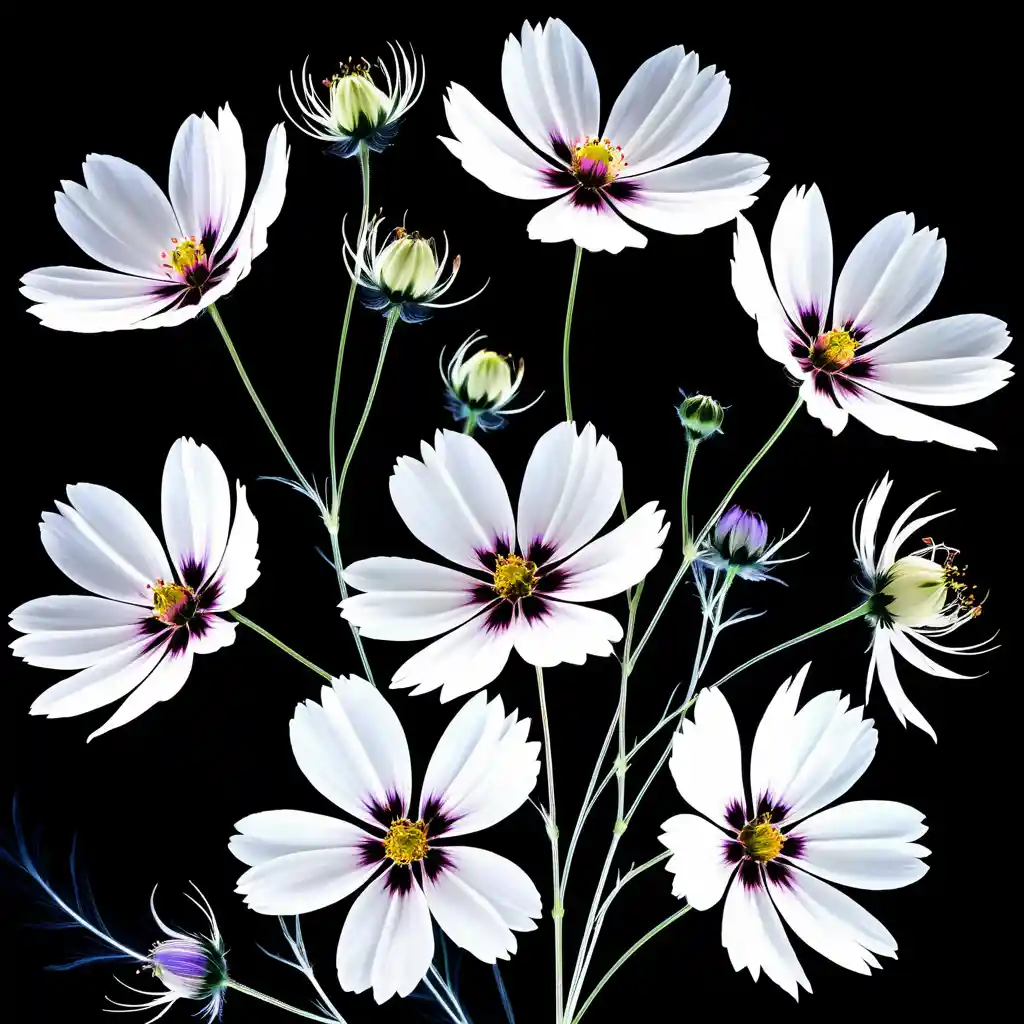 Ramo de flores cosmos en rayos X sobre fondo negro profundo