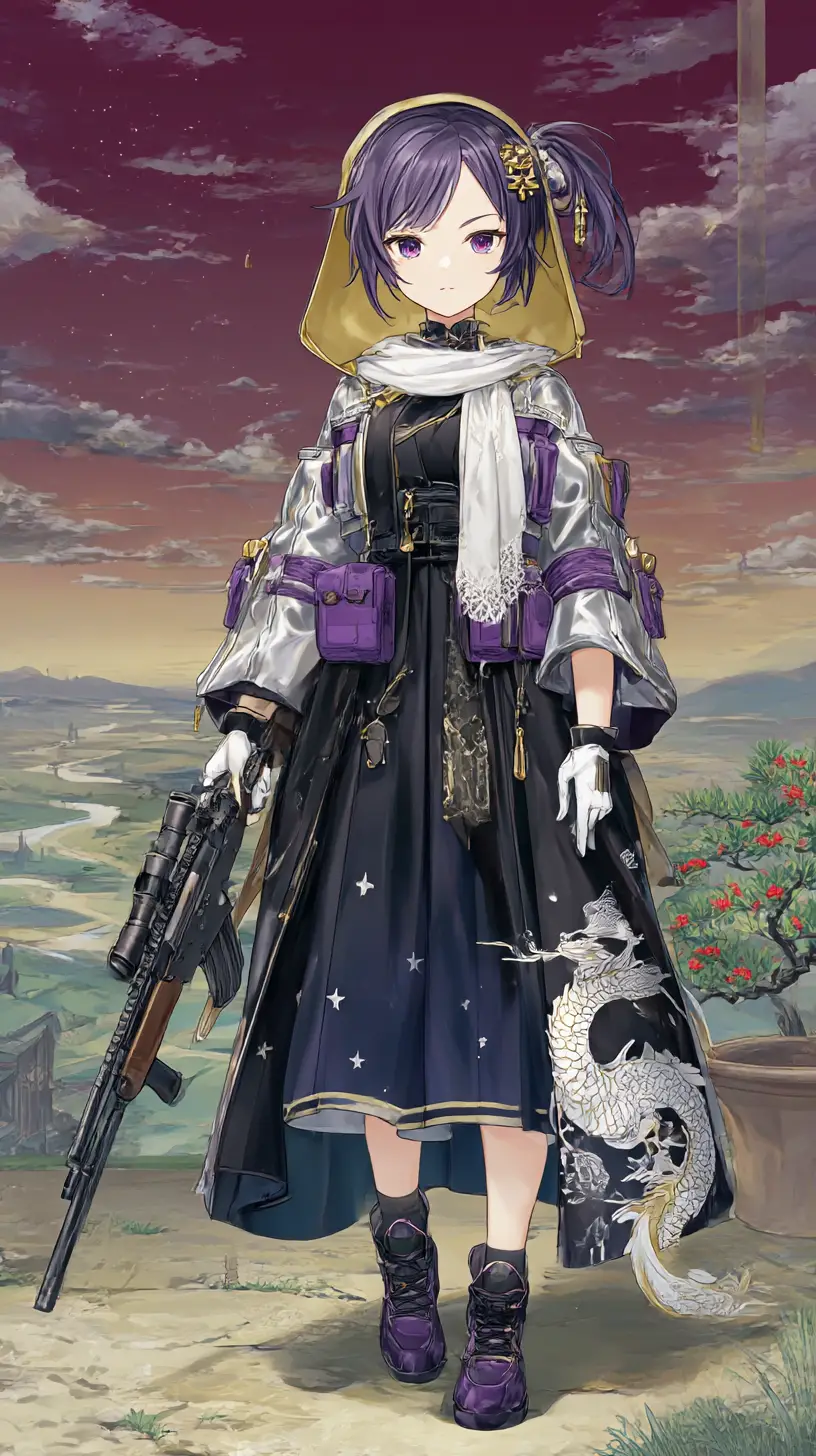 Chica de anime con rifle en una zona de guerra urbana devastada