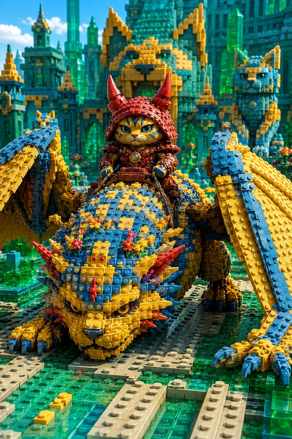 Enorme dragón de ladrillos con jinete guerrero gato chibi