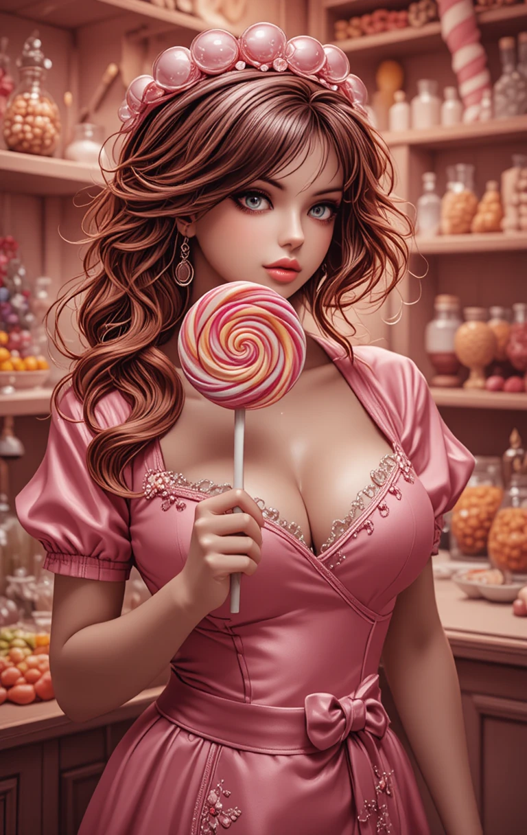 Dependienta curvilínea con piruleta gigante en tienda de dulces