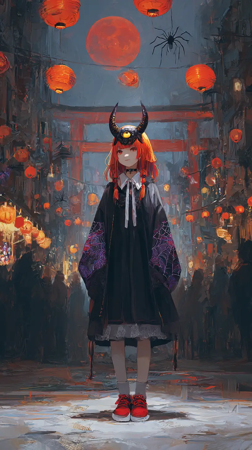 Calle de carnaval fantástica con chica de anime enmascarada al atardecer
