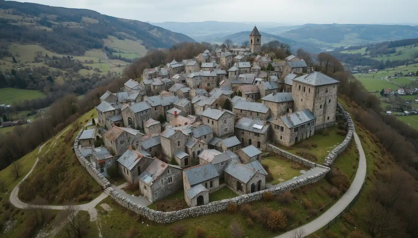 Vista aérea de vila medieval na encosta sob céu nublado