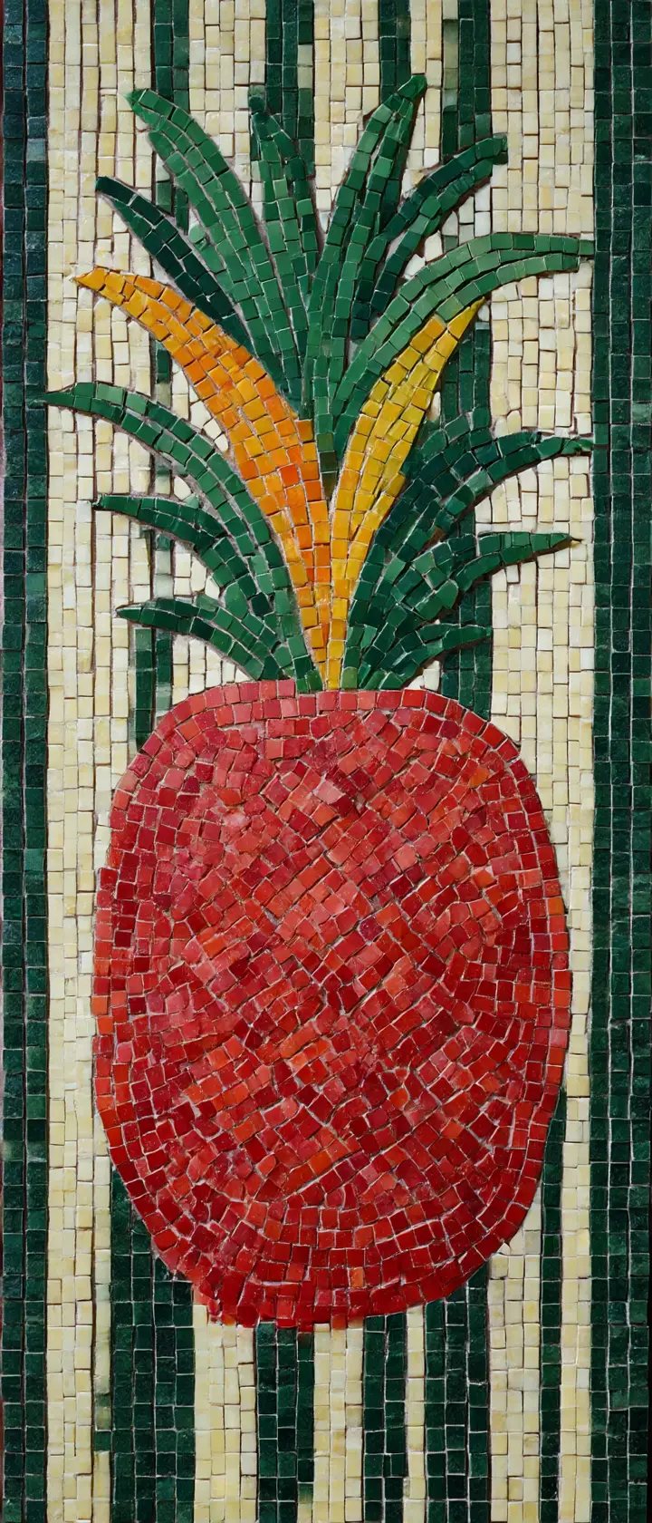 Abacaxi em mosaico vermelho sobre fundo de azulejos verdes listrados