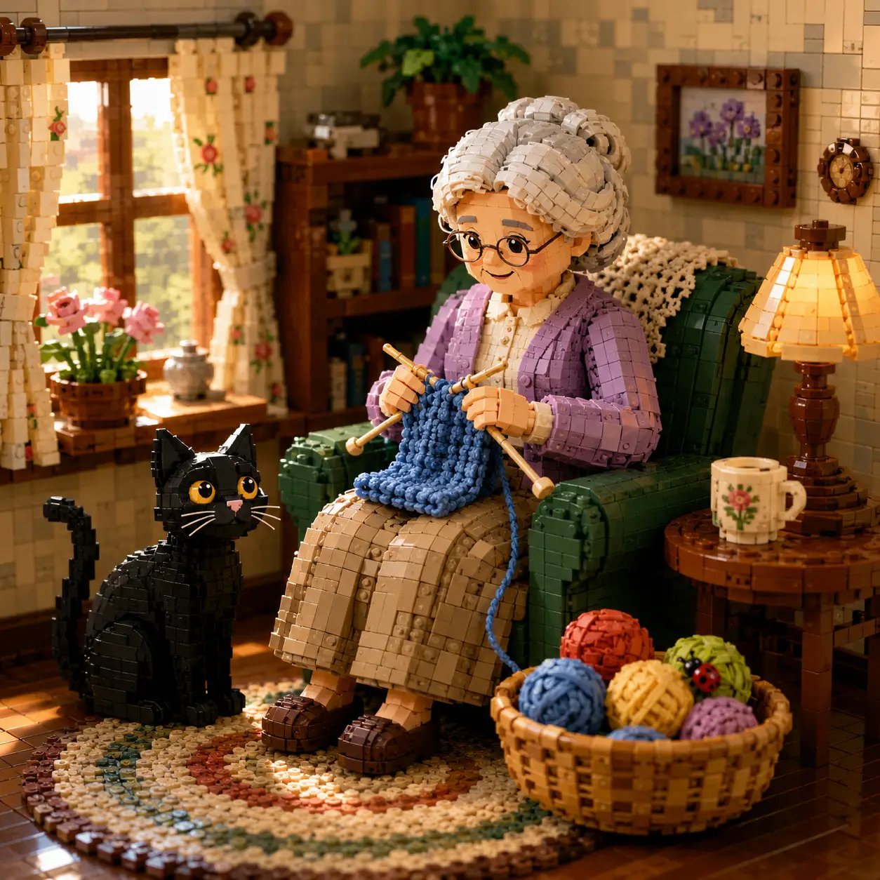 Abuela tejiendo junto a un gato negro curioso a la luz del sol