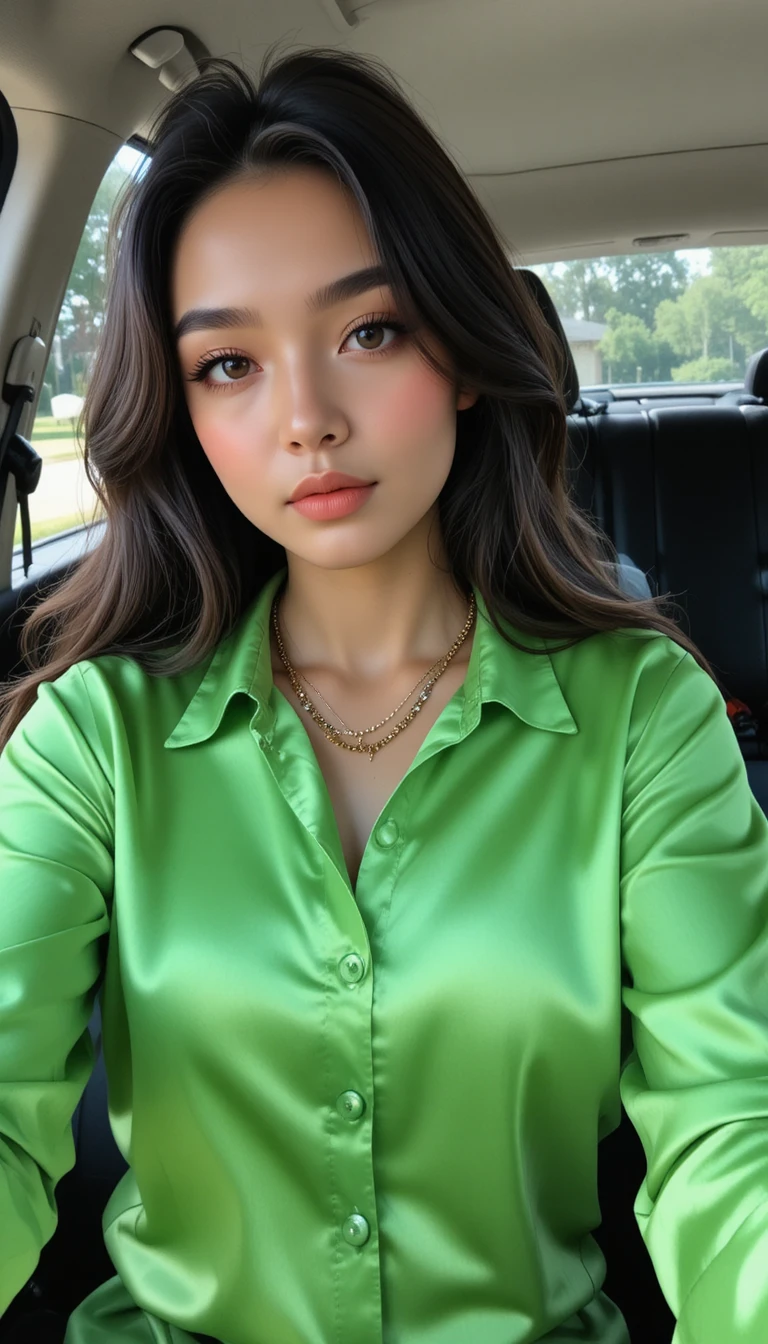 Selfie vibrant d’une fille en voiture avec une chemise verte