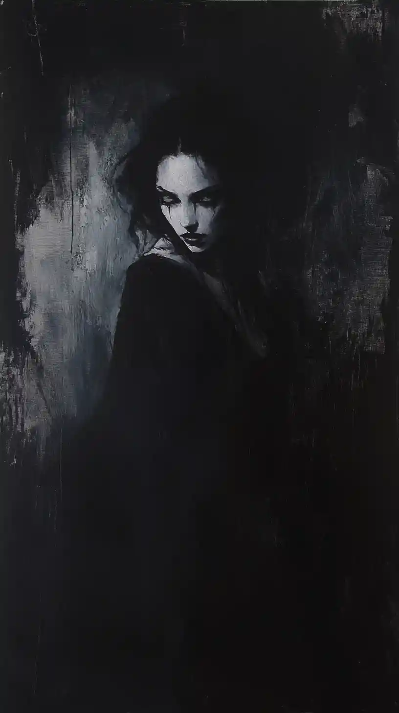 Retrato en impasto oscuro de una figura femenina de rasgos duros