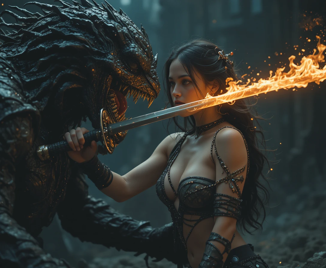 Brunette warrior strikes flaming sword at monster face