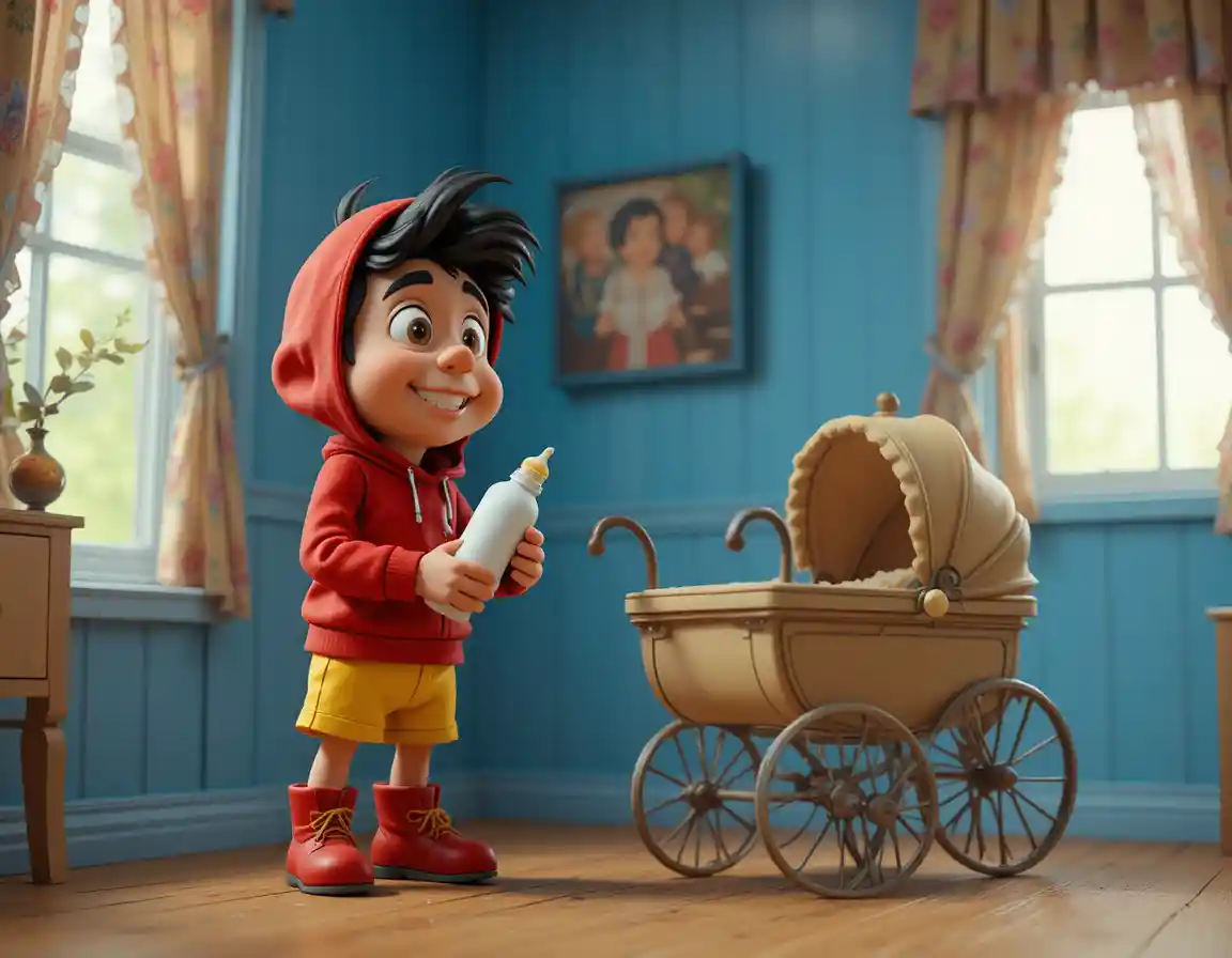Niño de plastilina con biberón junto a cochecito vintage