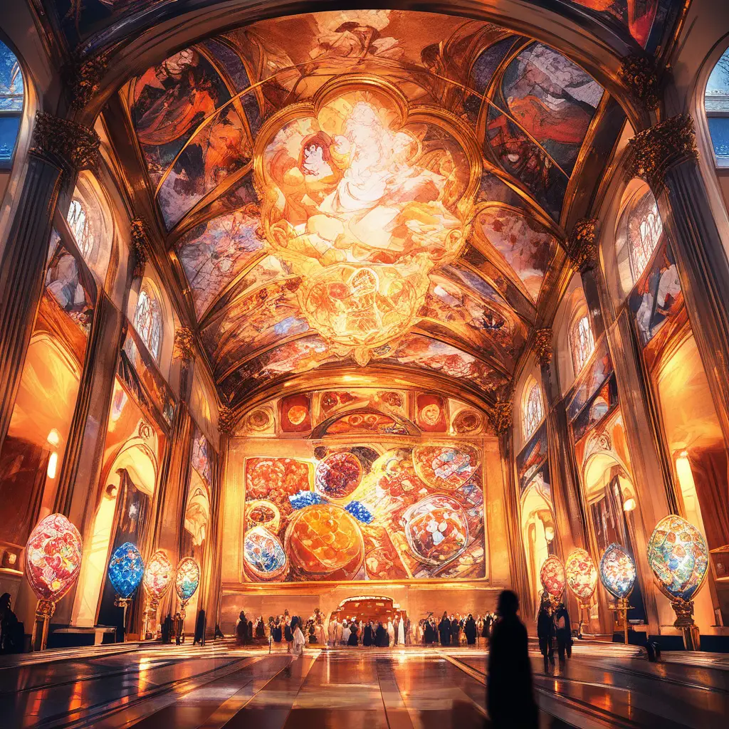 Murales de comida fantástica que cubren el techo de una gran capilla