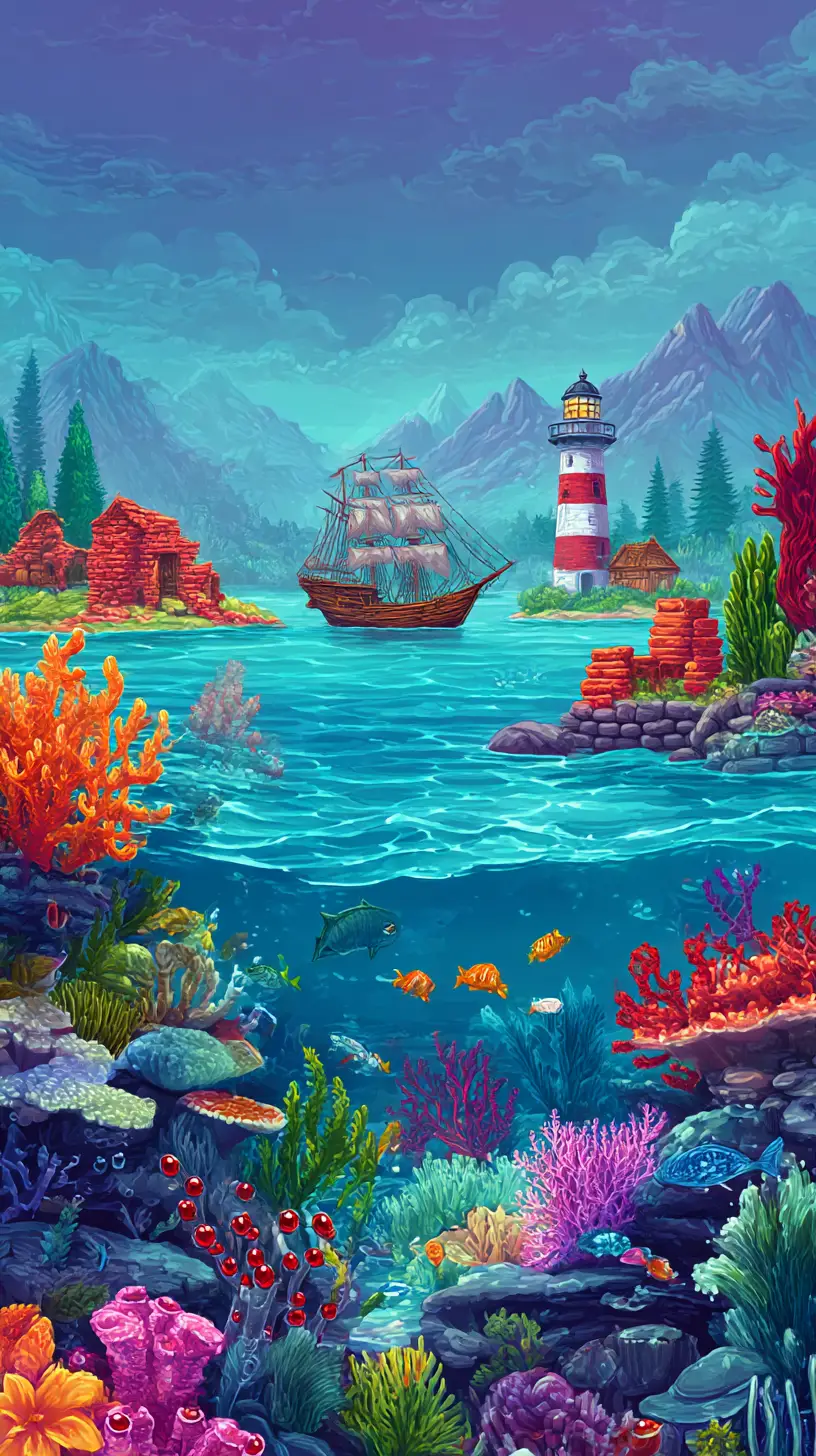 Colorful coral reef with small fish in underwater landscape