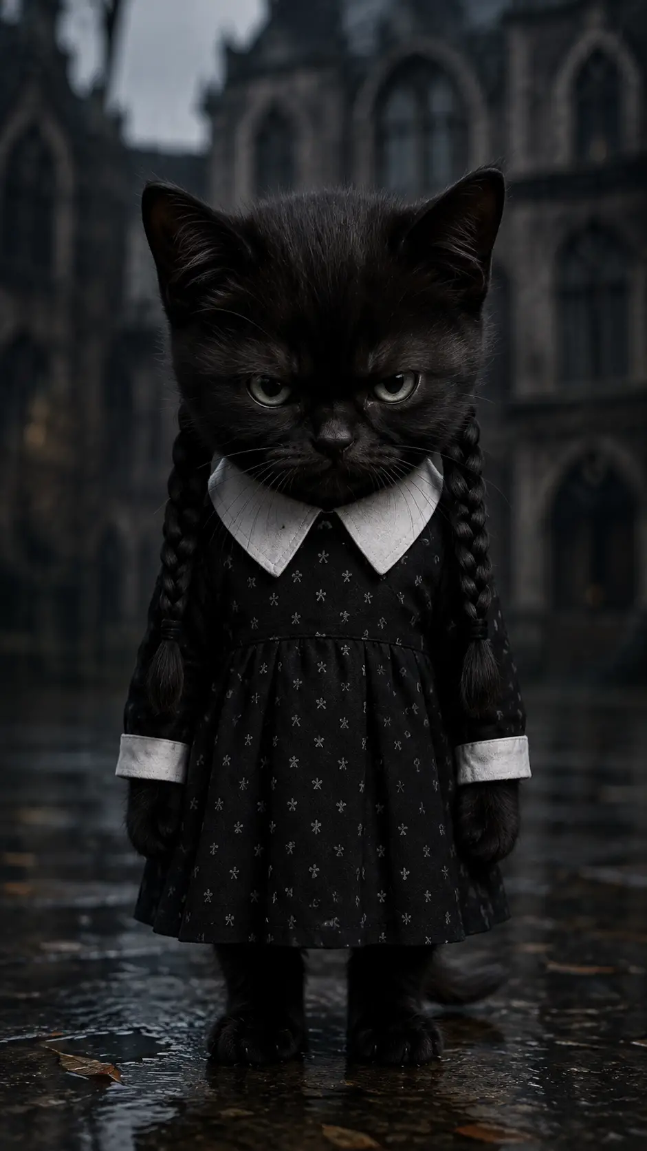 Chaton noir sérieux en tenue de style gothique