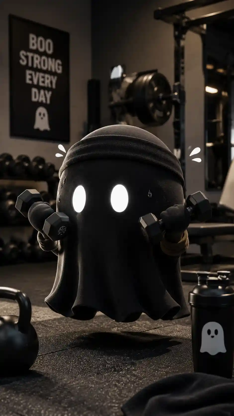 Cute little black ghost exercising in a bright gym